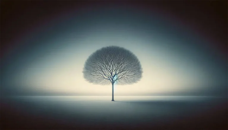 Minimal abstract landscape with a single tree centered in a vast empty space