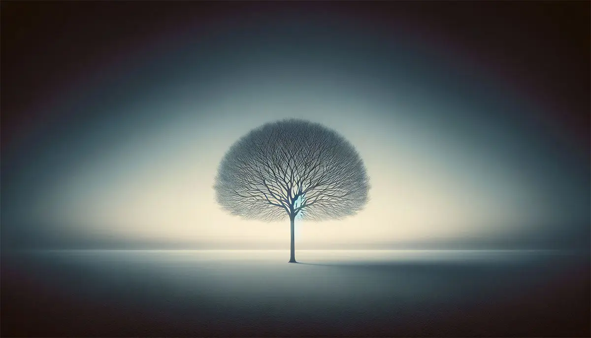 Minimal abstract landscape with a single tree centered in a vast empty space